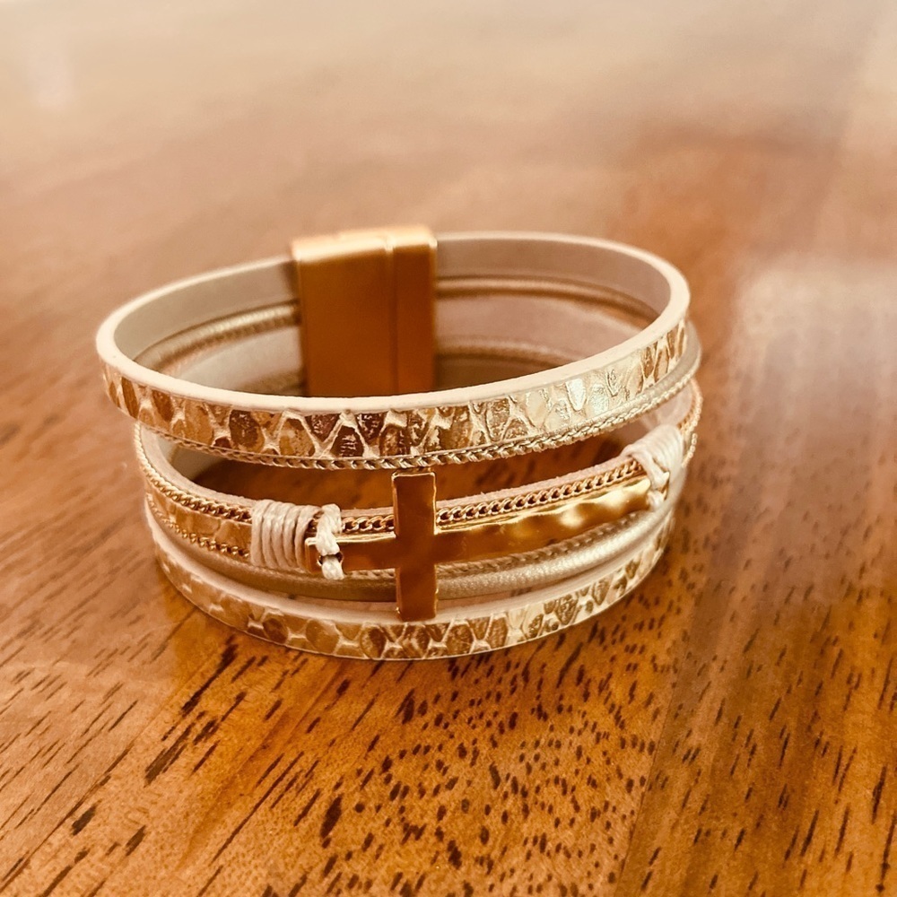 Bohemian Gold Tone Multi-Layer Bracelet Magnetic Clasp Cross Charm Religious - Picture 12 of 12